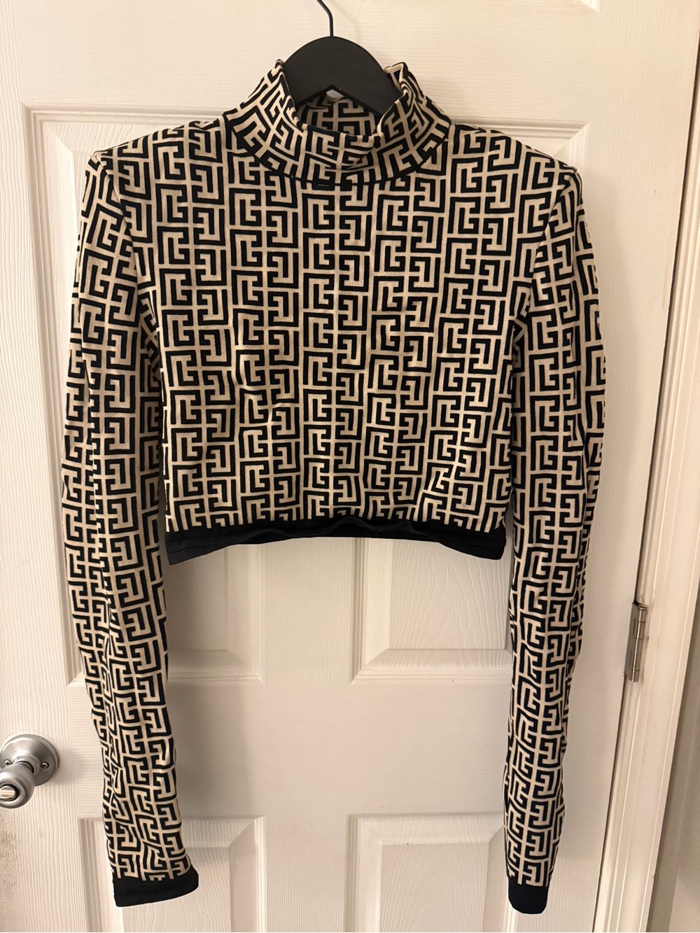 Balmain Black & Cream Geometric Mock Neck Top